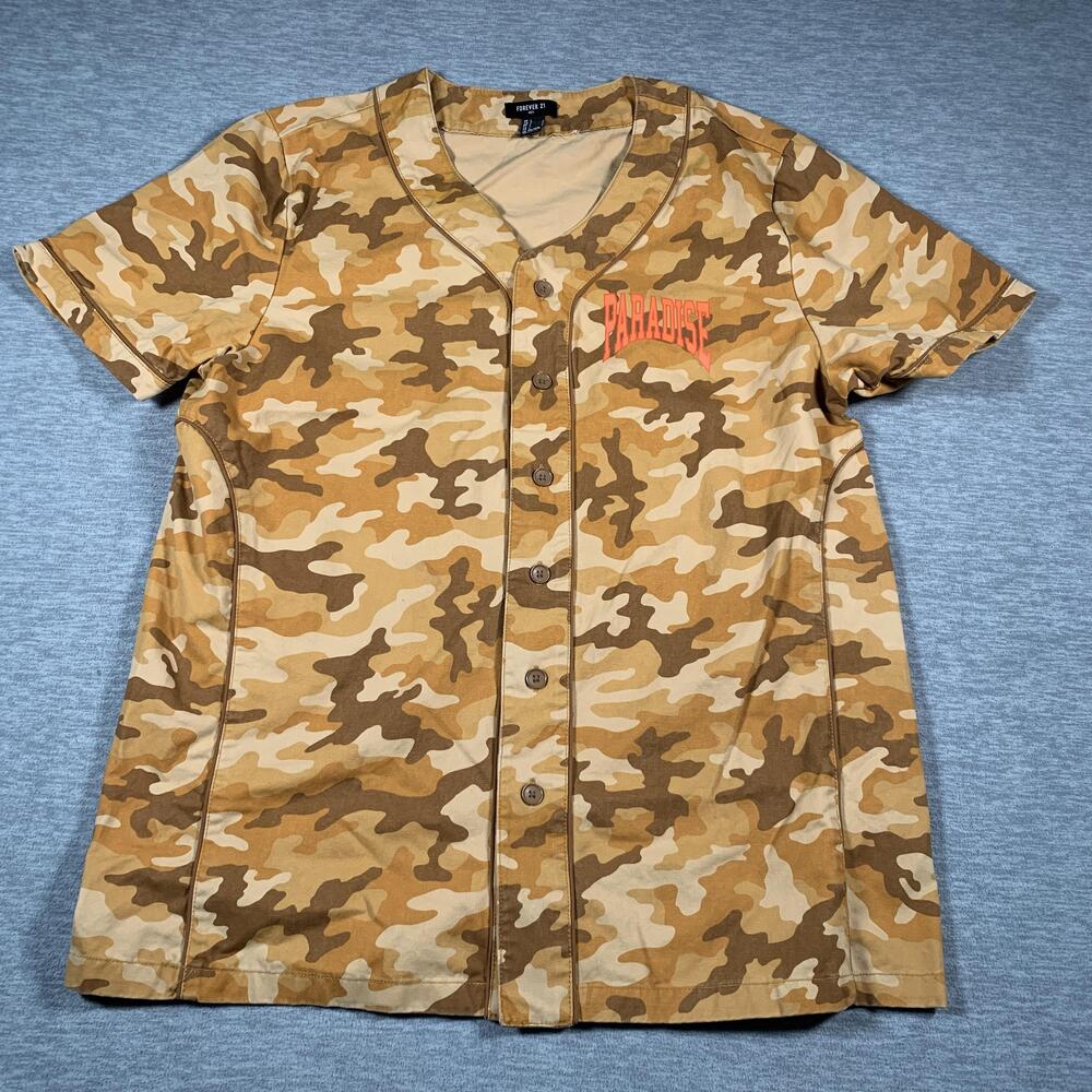 Forever 21 Shirt Mens Medium Brown Camo Baseball Jersey Button Front Paradise